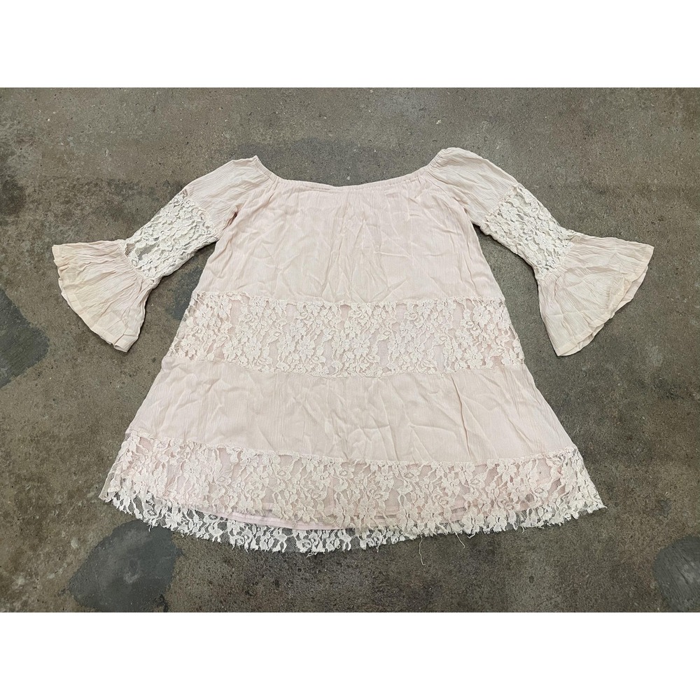 Free People Lace Dress Womens XS‎ Pink Off Shoulder Boho Short Mini Bell Sleeve - Picture 10 of 16